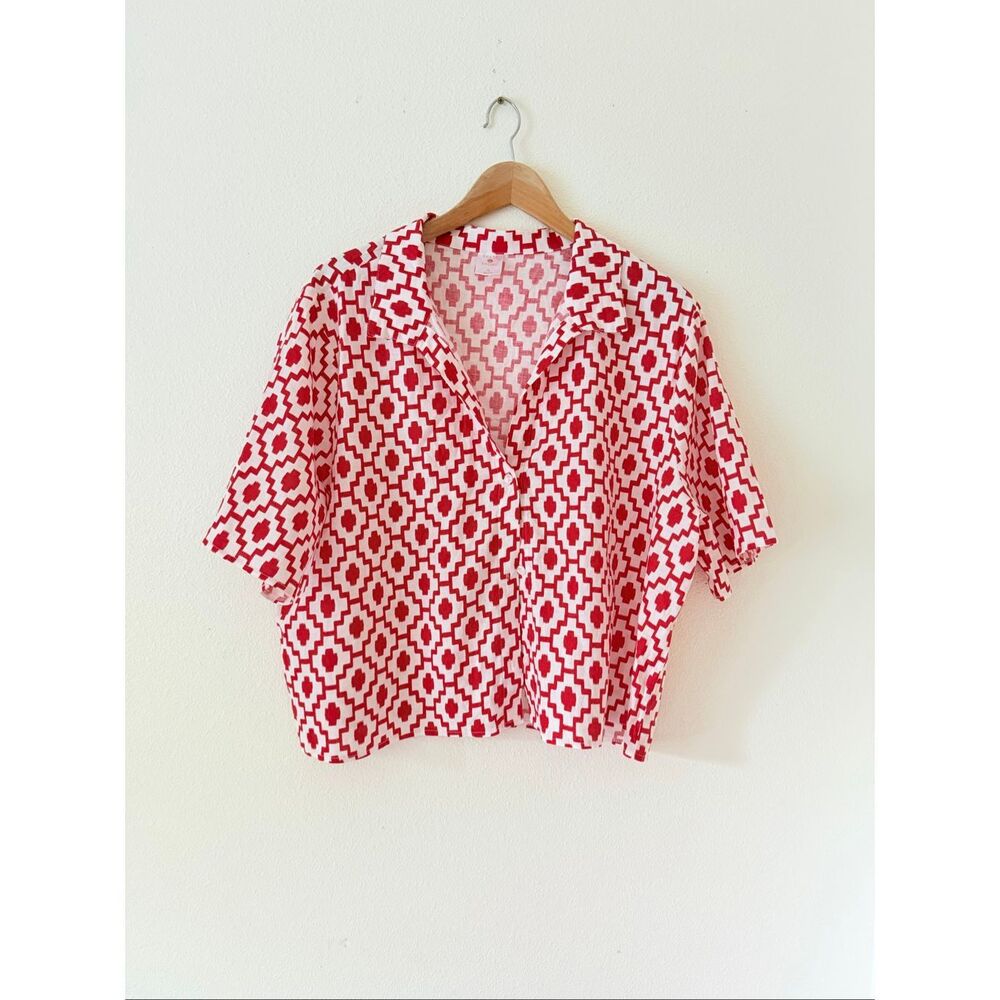 Shade & Shore Red Geo Print Cropped Button-Up Short Sleeve Linen Beach Top XL